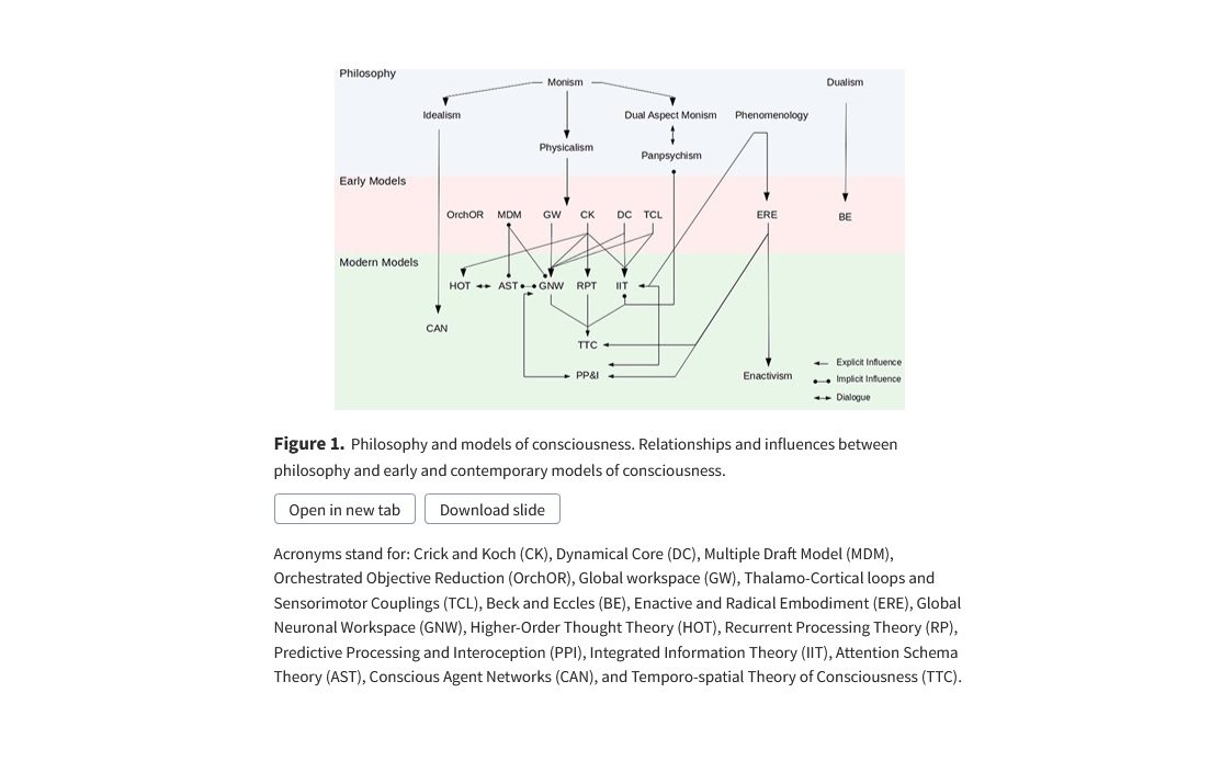TAWOP's tweet photo. The authors have generated a useful diagram which illustrates their interpretation of the philosophical underpinnings of various models of consciousness. 

The paper is distributed under a creative commons license https://t.co/W6muDFVaBb https://t.co/w6CDH9mjU7