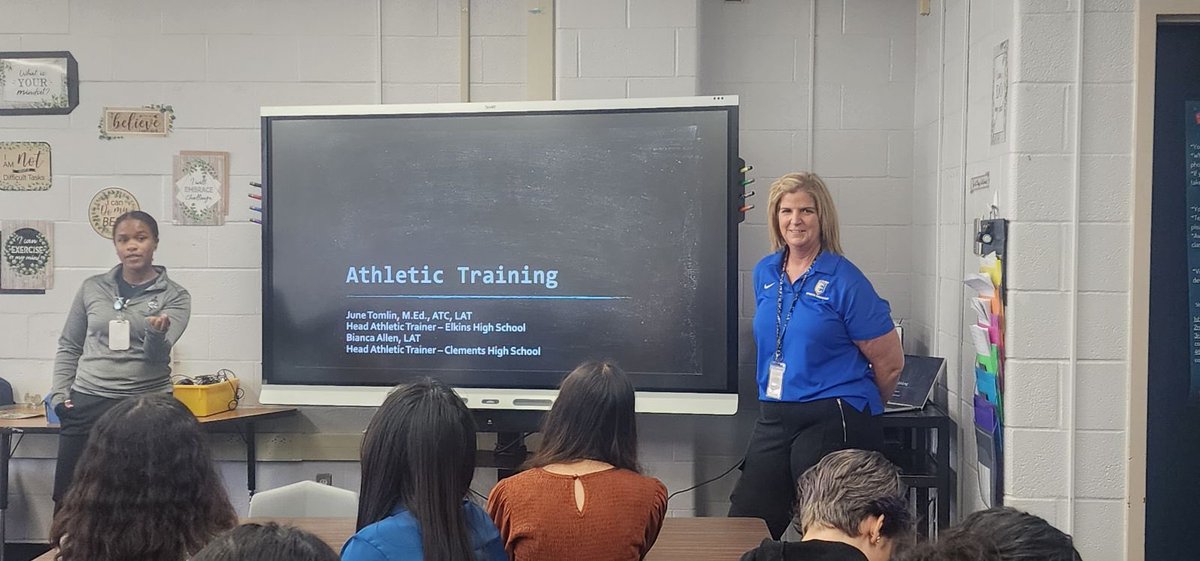 FBISDAthletics's tweet photo. Special shout out to our FBISD Athletic Trainers,June Tomlin and Bianca Allen for presenting at Career Day at First Colony MS! Way to promote the AT profession! ⁦@elkins_hs⁩ ⁦@Clements_SM⁩ https://t.co/tAnX0iVmYj