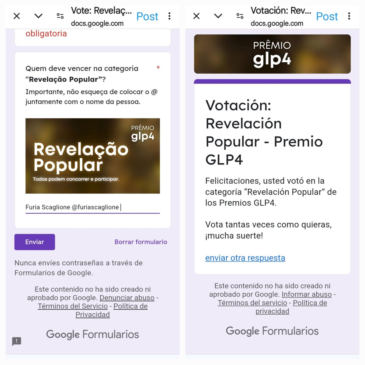 Buenasss, entren al link docs.google.com/forms/d/e/1FAI…
pongan Furia Scaglione y al lado el usuario de ella, para que quede nominada a unos premios de Brasil