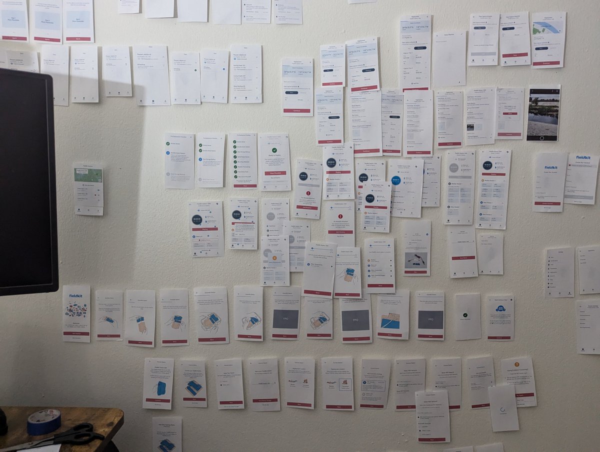 So, some might not know that I work as a UX researcher/designer in addition to a developer. This is my wall at the moment. So many exciting happening with <a href="/FieldKitOrg/">FieldKit.org</a> and I'm excited to make our product even better and easier to use!