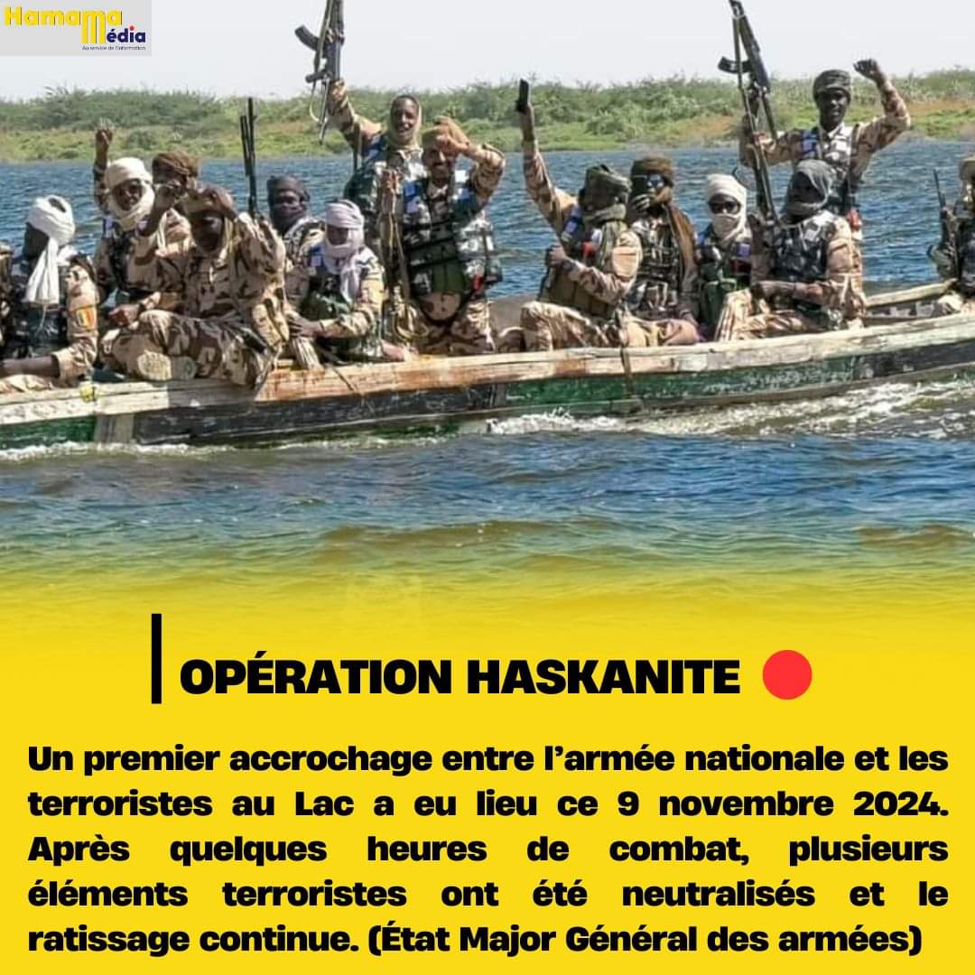 HamamaMedia's tweet image. #Communiqué #EMGA 🛑🛑 | Un premier accrochage entre l’armée nationale et les terroristes au Lac a eu lieu ce 9 novembre 2024. Après quelques heures de combat, plusieurs éléments terroristes ont été neutralisés et le ratissage continue. #Tchad

(État-major général des armées)