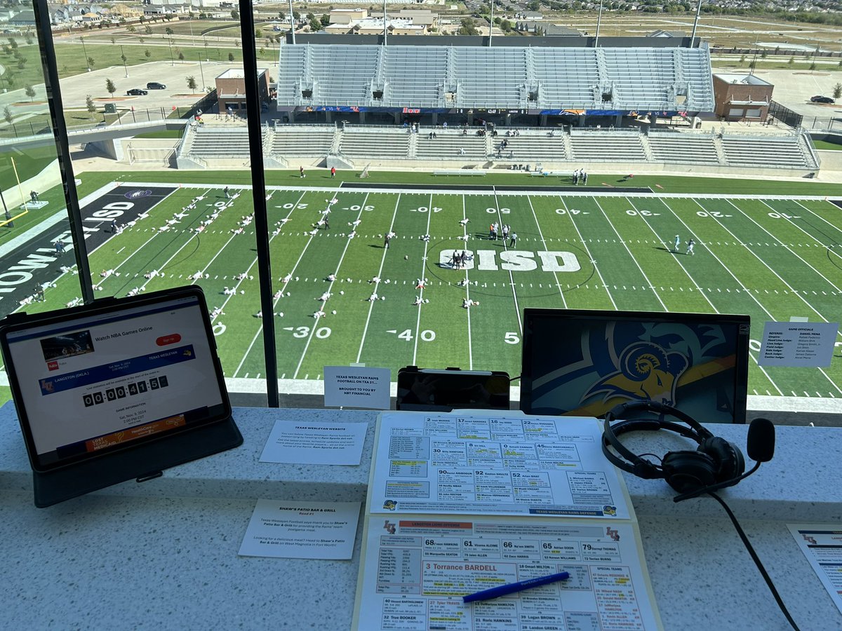 TheVoiceofTD's tweet photo. Getting ready for some @TxWesFootball football. With Rams legend @gblaser27 &amp; @Thatmandko21 as the Rams look for a win over @LangstonLionsFB to wrap up a @Sooner_Athletic title. Catch our broadcast on @TXA21 in DFW on Sunday evening. @NAIAFBALL #RamsUp #TxWes https://t.co/PcUUXuGnw9