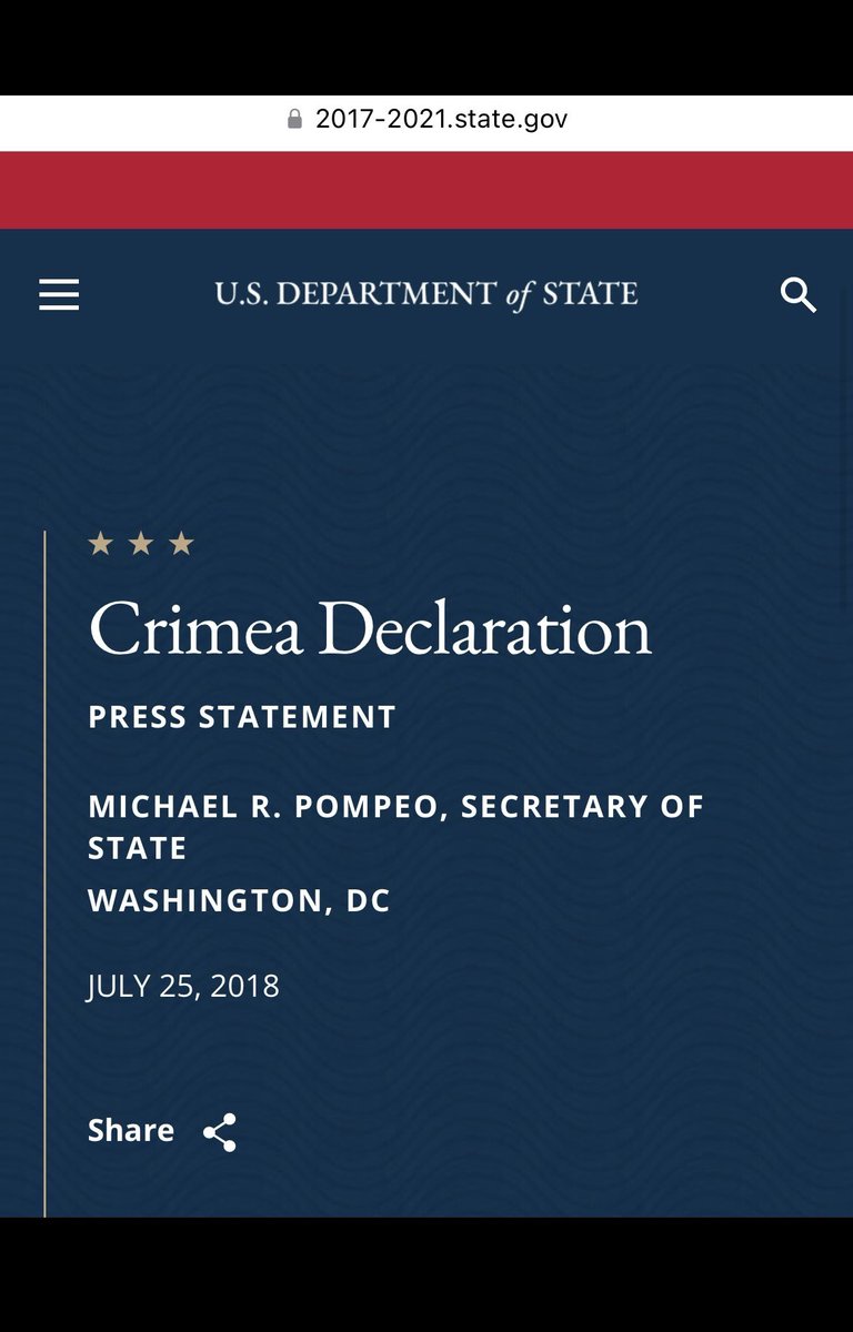 👀🇺🇦Somebody want to tell him that the first Trump Admin enshrined non-recognition of Russian claims on Crimea as U.S. Policy?

“In concert with allies, partners, and the international community, the United States rejects Russia’s attempted annexation of Crimea and pledges to