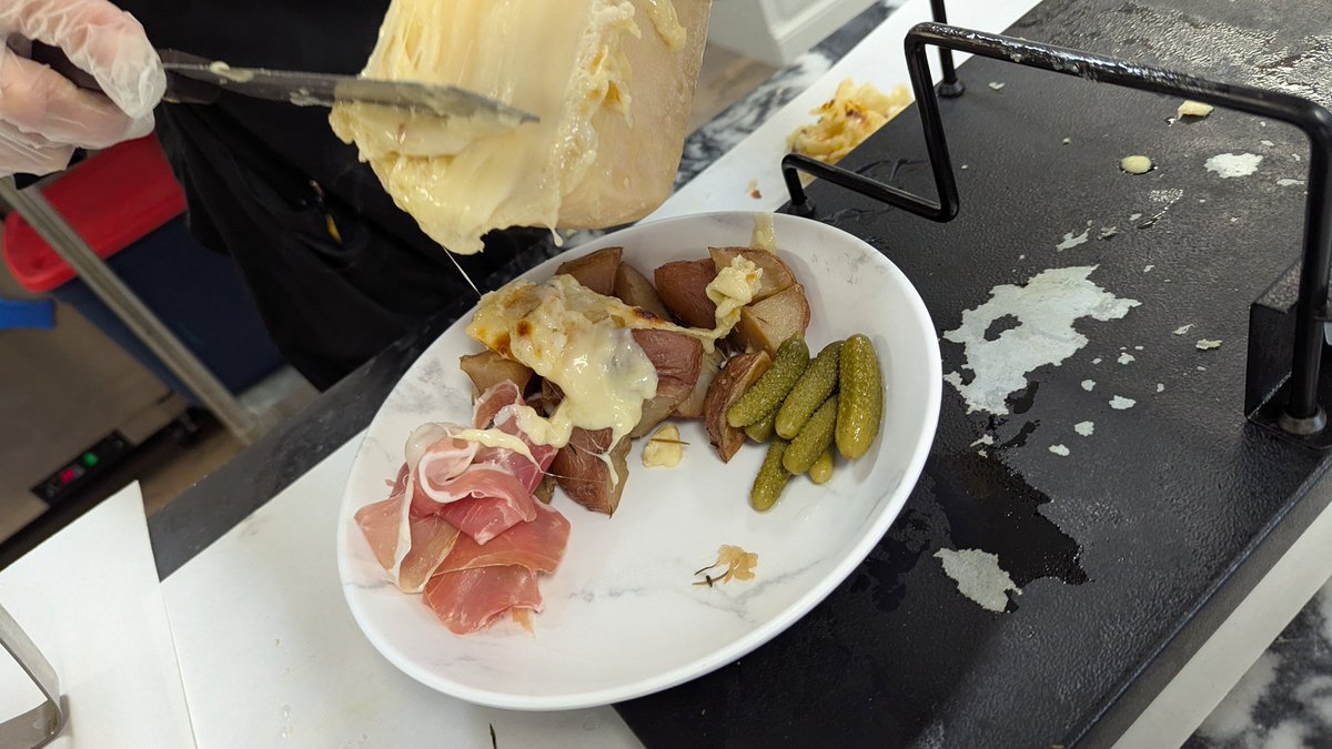 gopackjo's tweet photo. Hell yes! It's a raclette event at @OB_cheese! Topped with prosciutto and some local Pop IPA Mustard. https://t.co/5Lh4An8xpS