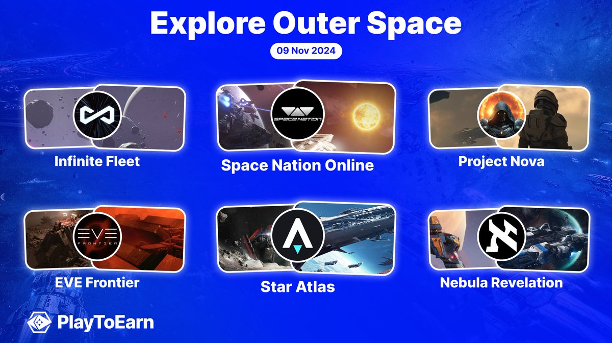 PlayToEarn (@playtoearn) on Twitter photo Want to explore space?🧑🚀
Here are 6 extraterrestrial projects allowing for deep space exploration 🪐
👇Travel between planets, trade, battle & more with:
🔹<a href="/SpaceNationOL/">Space Nation 🛸</a>
🔹<a href="/staratlas/">Star Atlas (Summer) 🚀☀️🌴</a>
🔹<a href="/rgprojectnova/">Locked</a>
🔹<a href="/InfiniteFleet/">Infinite Fleet MMO</a>
🔹<a href="/NBLGAME/">Nebula Revelation</a>
🔹<a href="/EVE_Frontier/">EVE Frontier</a>
#web3gaming Want to explore space?🧑🚀
Here are 6 extraterrestrial projects allowing for deep space exploration 🪐
👇Travel between planets, trade, battle & more with:
🔹<a href="/SpaceNationOL/">Space Nation 🛸</a>
🔹<a href="/staratlas/">Star Atlas (Summer) 🚀☀️🌴</a>
🔹<a href="/rgprojectnova/">Locked</a>
🔹<a href="/InfiniteFleet/">Infinite Fleet MMO</a>
🔹<a href="/NBLGAME/">Nebula Revelation</a>
🔹<a href="/EVE_Frontier/">EVE Frontier</a>
#web3gaming