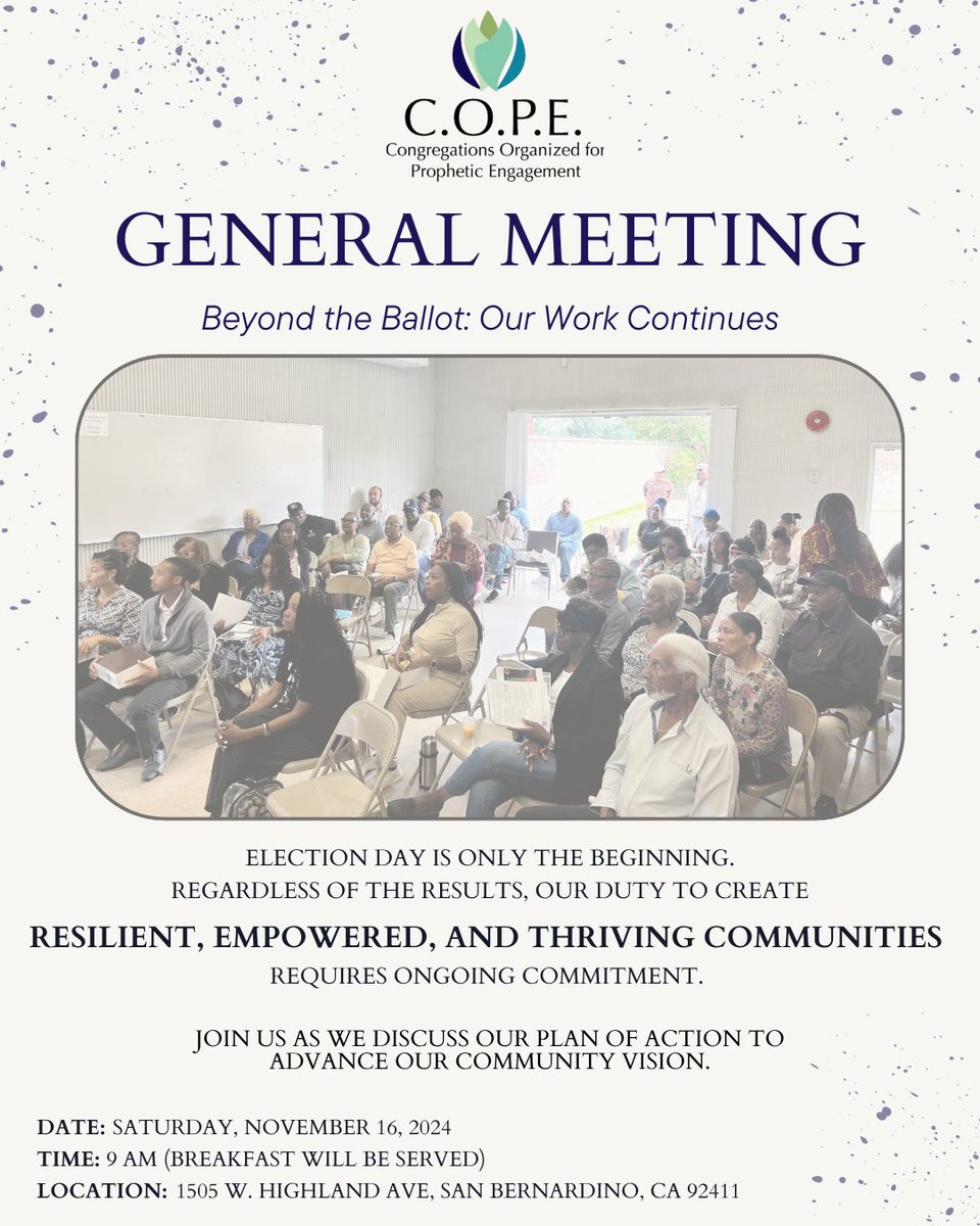 Election Day was only the beginning. Regardless of the results, our mission will continue. 

Join us on Saturday, November 16, 2024 at 9 am at 1505 W. Highland Ave, San Bernardino, CA 92411

Register here in advance: bit.ly/COPEBeyondTheB…
