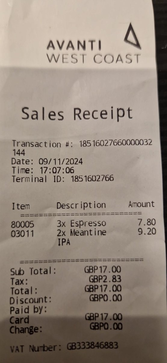 Hey <a href="/AvantiWestCoast/">Avanti West Coast</a> ...imagine my shock at being charged £7.80 for a double espresso with an extra shot. No warning from the woman behind the counter. Literally the most expensive coffee I've ever had. Not a happy bunny 😡