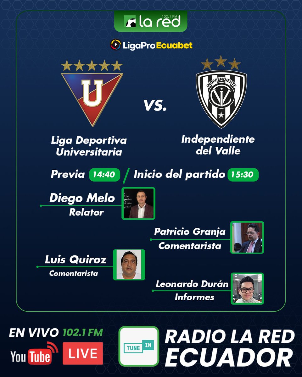 diegomeloperez's tweet photo. Al aire por los 102.1fm de @LaRed_Ecuador con el partido de la fecha.
Vamos junto a @PatoGranjaT @luchitoquiroz y @leonduranm https://t.co/v8PNdhi9Tv