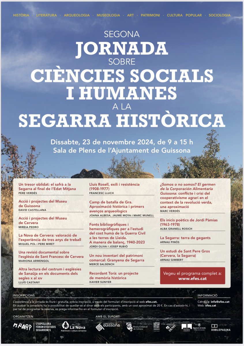 Espitllera's tweet photo. 📅23 de novembre:
II Jornada Ciències Humanes i Socials a Guissona🏛️organitzada amb @lanovadecervera.
📍Sala de Plens de l’Ajuntament de @AJGuissona
🕘De les nou del matí a dos quarts de tres de la tarda.
🖋️Inscripcions a: https://t.co/nIY1pG5WRZ https://t.co/PL0LIYk3gK