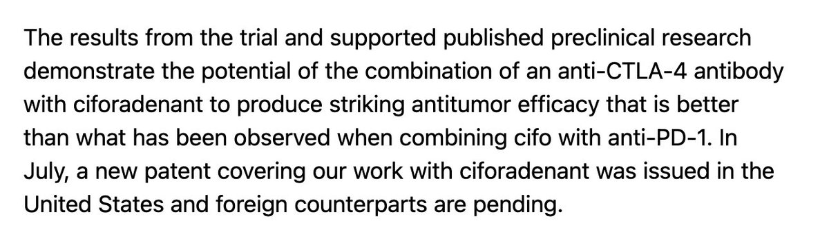 $CRVS continues to increase the value of pipeline from #ITK inhibition w/ #soquelitinib to #A2AR antagonist #Ciforadenant for solid tumor #mCRPC #RCC.
Note $CRVS just extended #Cifo patent in July 2024!  I think it goes to early/mid-2040s