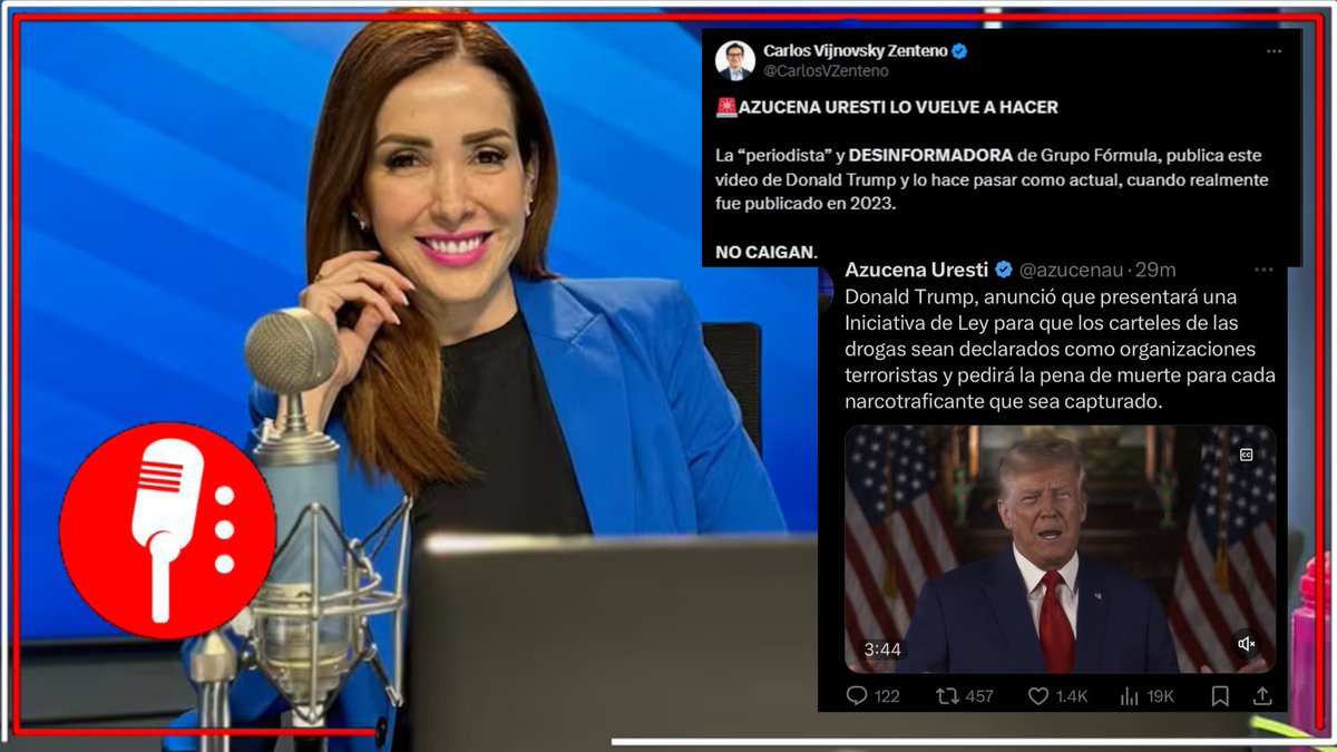 ReporterosMX_'s tweet photo. ¡La desinformadora de Grupo Fórmula lo vuelve a hacer!: Desmienten a @azucenau en su intento de reproducir la narrativa de "narcoterrorismo" con un vídeo de Trump publicado en 2023. https://t.co/OI3kTgK8gs https://t.co/KX7DX44WGp