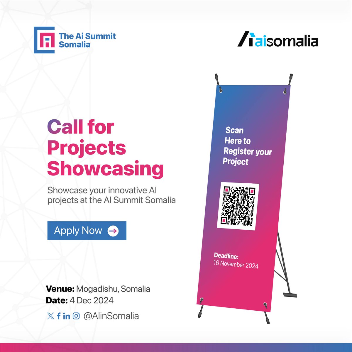 📷 𝗖𝗮𝗹𝗹𝗶𝗻𝗴 𝗔𝗹𝗹 𝗜𝗻𝗻𝗼𝘃𝗮𝘁𝗼𝗿𝘀!
Do you have an AI project that could make a difference? Showcase it at 𝗧𝗵𝗲 𝗔𝗜 𝗦𝘂𝗺𝗺𝗶𝘁 𝗦𝗼𝗺𝗮𝗹𝗶𝗮 in Mogadishu on 𝗗𝗲𝗰𝗲𝗺𝗯𝗲𝗿 4, 𝟮𝟬𝟮𝟰!