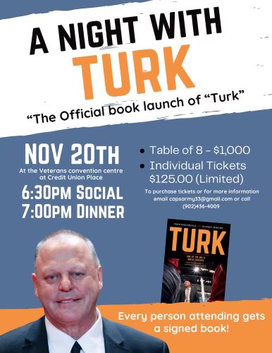 A great read on one of PEI’s best hockey players and an elite NHL coach! Join a night of fun as author <a href="/FredtheFiddler/">CBCFredtheFiddler</a>, Turk and special guests elaborate on the stories &amp; more. In support of the organization Turk began his coaching career with, winning an RBC National Ch’ship.