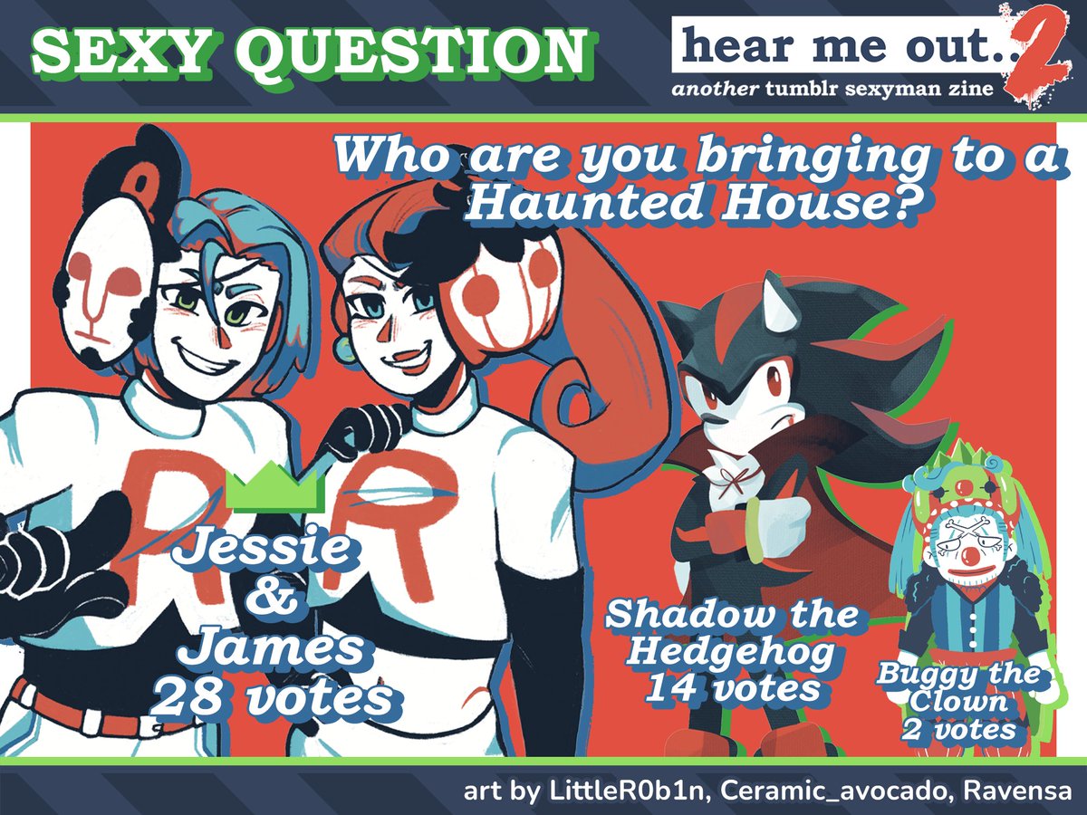SexymanZine's tweet photo. 💌WHO ARE YOU BRINGING TO A HAUNTED HOUSE???💌

And the results are in!!! Congrats Jessie &amp; James! We're hoping to bring you another question soon, so stay tuned!!

✧Art by LittleR0b1n, Ceramic_avocado &amp; Ravensa✧

#jessiepokemon #jamespokemon #shadowthehedgehog #buggytheclown https://t.co/IKTFNhFhI7