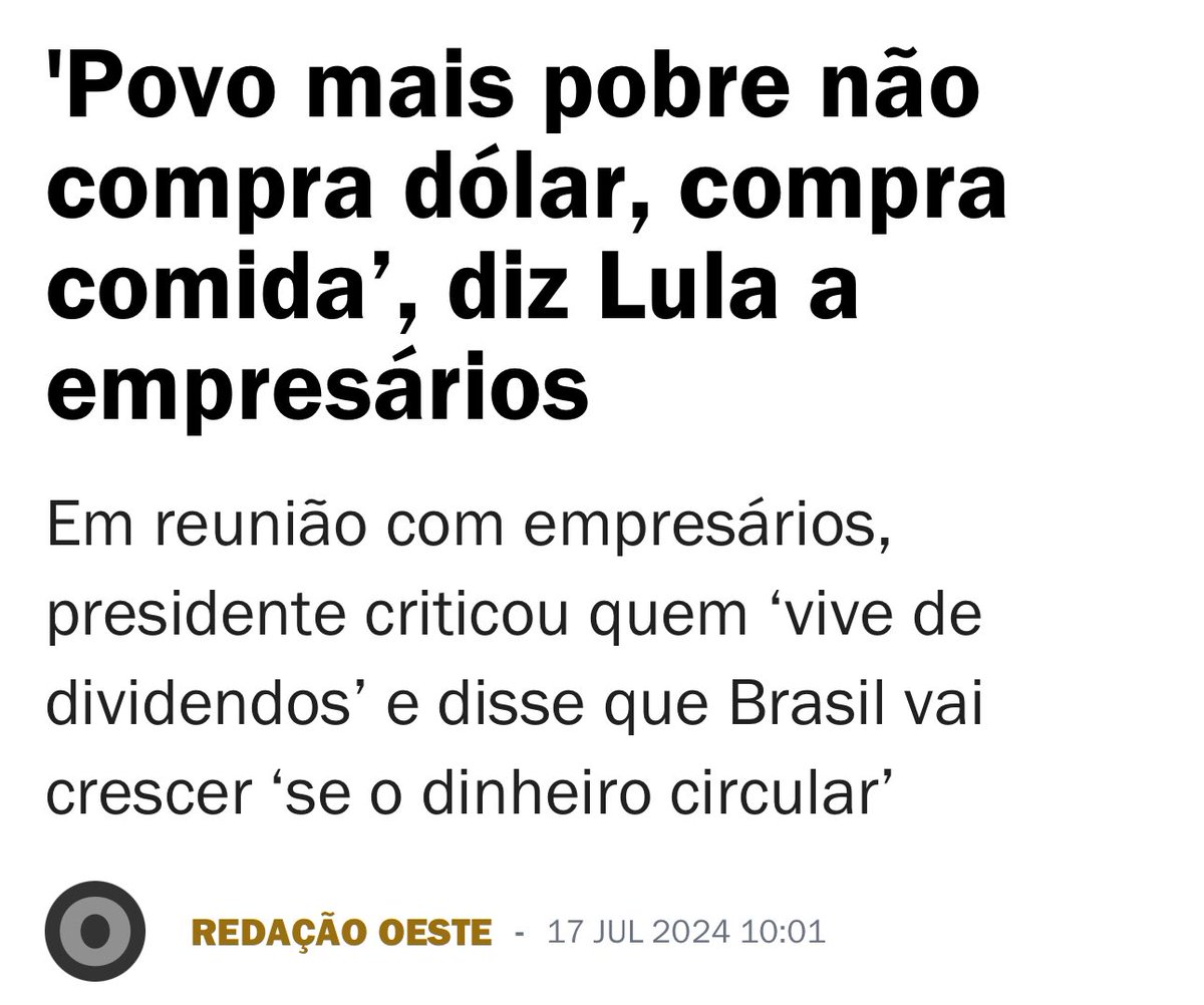 Tava demorando pra essa narrativa chegar. E, como sempre, o pinga mentindo. O pobre que compra comida vai sentir o preço aumentar por causa do dólar — pega o pãozinho francês, quase 70% do trigo é importado. 

Pobre come dólar sim.