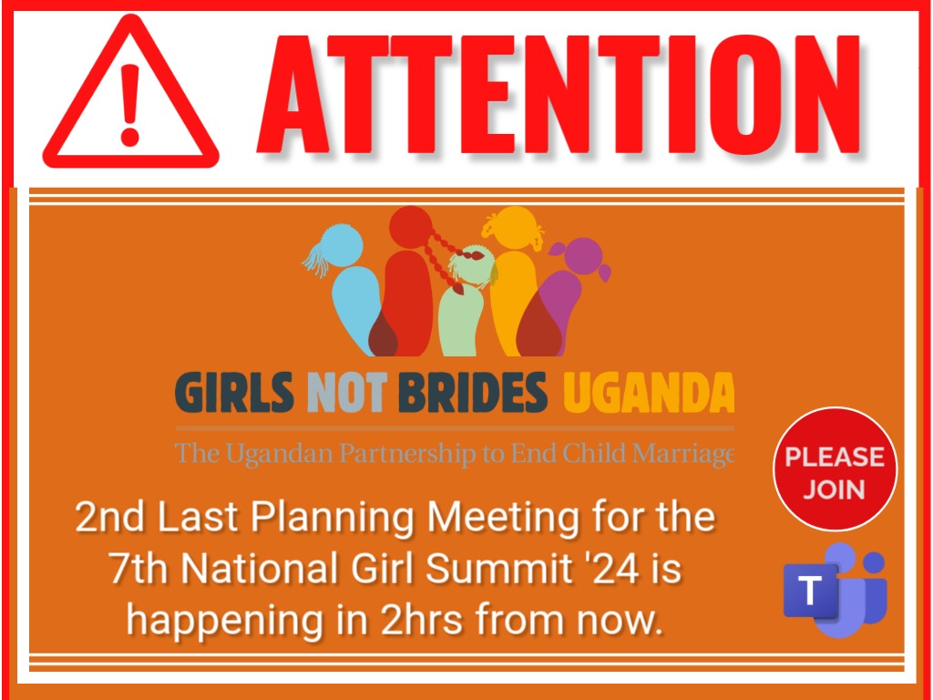 AineplanR's tweet image. Exciting news! 
Our 2nd last planning meeting for the @GNB_Uganda National Girl Summit was a wrap! 
We are thrilled to be set to host like-minded individuals &amp;amp; organizations united against child marriage on 4th December. #EndChildMarriage
#GirlSummitUg
