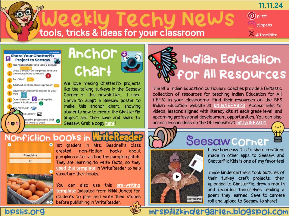 TraciPiltz's tweet photo. 📰Weekly Tech-y News📰
📋Anchor chart to save projects from @ChatterPixIt to @Seesaw!
🍂Indigenous Education resources
📙Pre-writing template adapted from @mrsjones72812 &amp; book template for @WriteReaderApp 
🗣️Share Ss learning w projects in ChatterPix
➡️https://t.co/leEiYGREhf⬅️ https://t.co/bQi1Rtkdr4