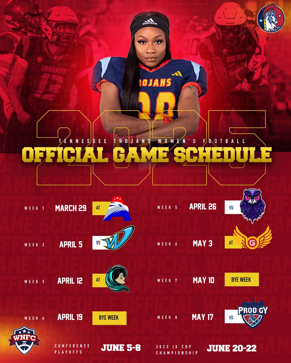 TNTrojansFball's tweet photo. THE WAIT IS OVER 🙌

Announcing our 2025 Tennessee Trojans Official Game Day schedule!!

#wnfcproud #wnfcfootball #tennesseetrojans #thetrojanway #3stripelife #riddell #seizetheday #hergame #stepyourgameup https://t.co/DKt0DzCPIq