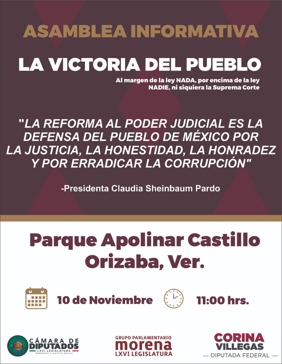 Te espero este domingo 10 de Noviembre en punto de las 11:00 hrs en el Parque Castillo para que conversemos sobre la reforma judicial y todas las votaciones que hemos realizado siempre en favor de México. 

Porque somos la mayoría del pueblo ¡estamos trabajando para ti!