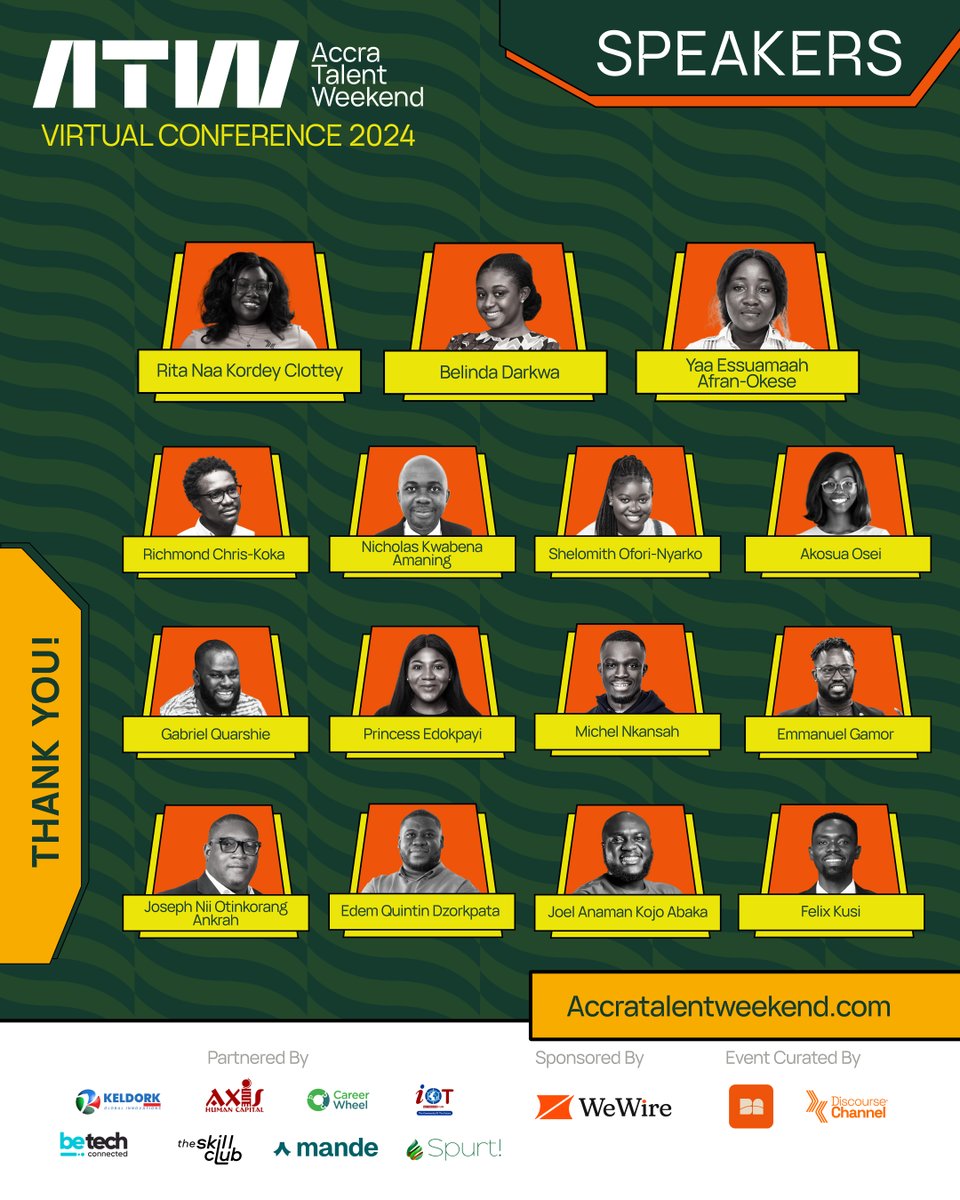 A huge thank you to all our incredible speakers, workshop facilitators, and moderators who joined us for the Accra Talent Weekend and made the event a success!

#AccraTalentWeekend #BuildingBridges #BreakingBarriers #ThankYou #ATW24