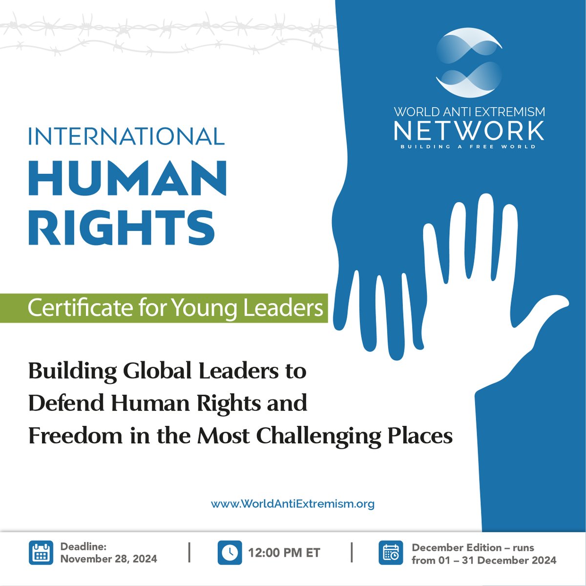 🌟 Defend human rights and freedom in your country and beyond. Apply for the December Edition of the International Human Rights Certificate Program—designed for young leaders ready to make a global impact. Learn more and apply by November 28, 2024: worldantiextremism.org/event/internat…