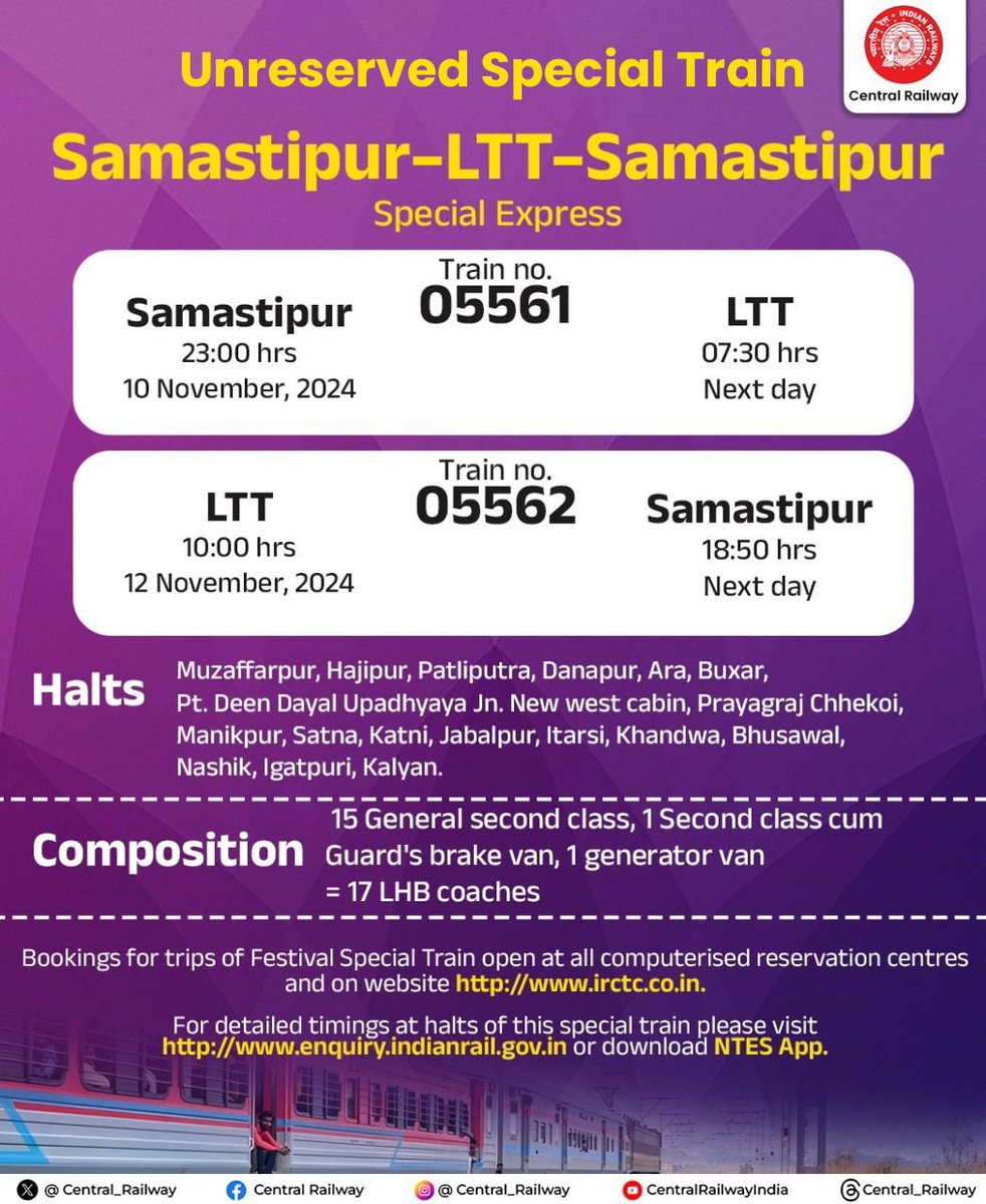 Central_Railway's tweet photo. Samastipur-LTT-Samastipur Unreserved Special Train Express for a smooth journey.
(Train No: 05561/05562)
For detailed timings, visit https://t.co/5VaUUo1nUi or download the NTES App.
#SpecialExpress #CentralRailway https://t.co/0H6n7UZyVp