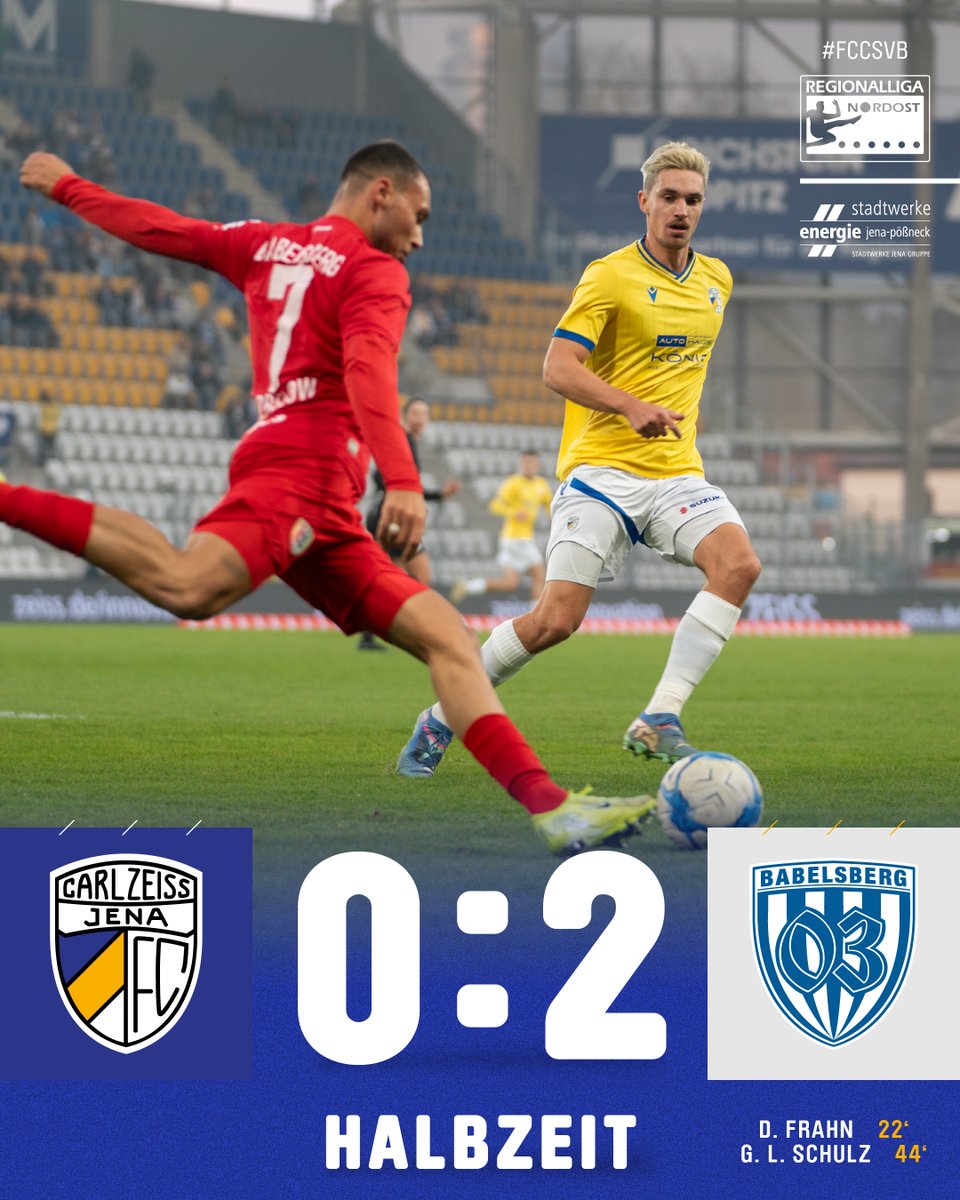 fccarlzeissjena's tweet photo. ๐๐๐๐๐๐๐๐
Nach dem ersten Durchgang liegen wir mit 2 Toren zurรผck.
Frahn und Schulz trafen fรผr die Babelsberger.
#FCC #MehrAlsFussball #fccarlzeissjena #FCCSVB #regionalliga #regionalliganordost https://t.co/czAttMz4SH