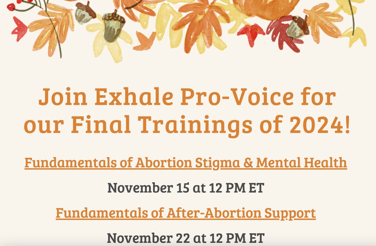 Upcoming trainings with our friends at Exhale Pro-Voice:

💜 Fundamentals of Abortion Stigma &amp; Mental Health
Friday, 11/15/24, from 12-1:30pm ET.
💚 Fundamentals of After-Abortion Support
Friday, 11/22/24, from 12-1:30pm ET.
buff.ly/4hFLJV8