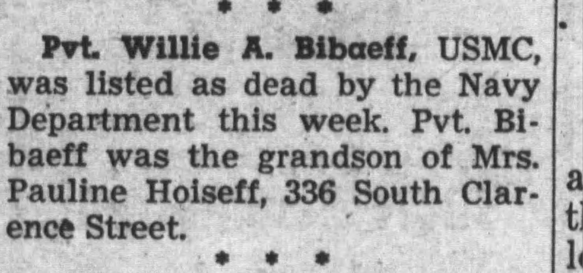 WW2Researcher's tweet image. Private Willie A. Bibaeff, of Southgate, California, and Company L of the 3rd Raider Battalion, was killed in action on Bougainville Island on November 9, 1943, 81 years ago today. @CorpsHistory @WW2Researcher #3rdRaiderBattalion