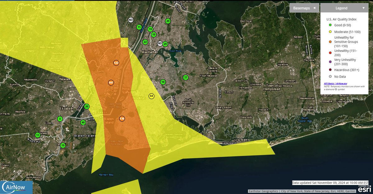 The <a href="/NYSDEC/">New York State Dept. of Environmental Conservation</a> has placed New York City, Rockland, and Westchester in an Air Quality Alert until 11 pm tonight. This is due to particulate matter as a result of wildfires in N NJ. The AQI is unhealthy for sensitive groups. For more, head to airnow.gov