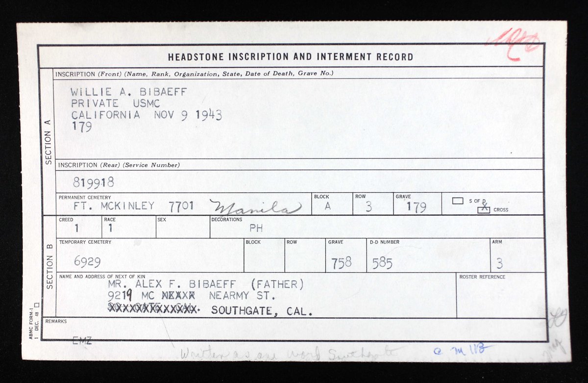 WW2Researcher's tweet image. Private Willie A. Bibaeff, of Southgate, California, and Company L of the 3rd Raider Battalion, was killed in action on Bougainville Island on November 9, 1943, 81 years ago today. @CorpsHistory @WW2Researcher #3rdRaiderBattalion