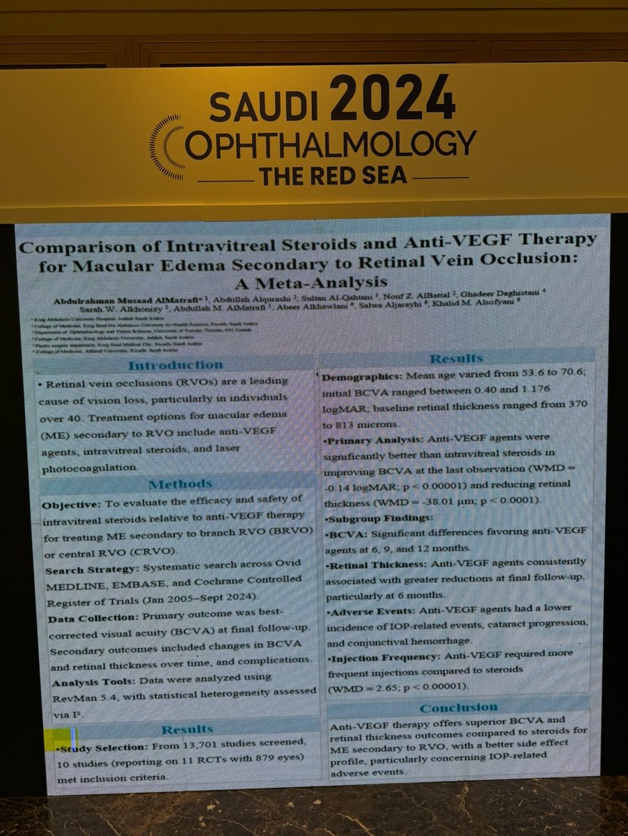 I had a great experience attending the Saudi Ophthalmology Conference the past few days. It was a privilege to have two research projects I co-authored presented as posters at this renowned event.

#SO2024