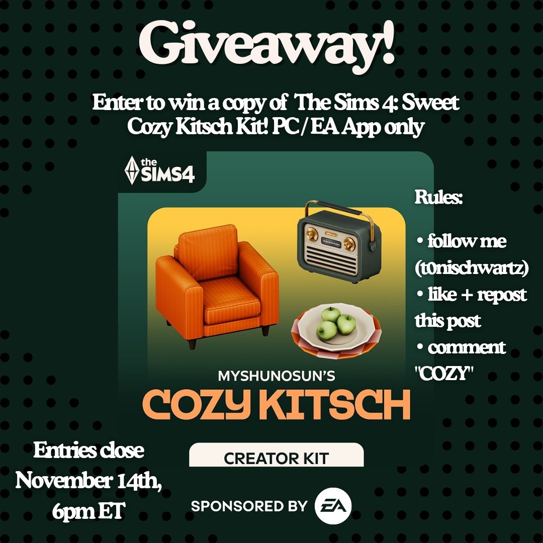t0nischwartz's tweet photo. Thank you to @EA &amp; the #EACreatorNetwork for sponsoring this giveaway! 

Win a copy of #TheSims4CozyKitschKit 📺 PC / EA App only

Rules:
• follow me @t0nischwartz
• like + repost this post
• comment "COZY"

Closes November 14th, 6pm ET 🏵️ https://t.co/A5uB27qdUF