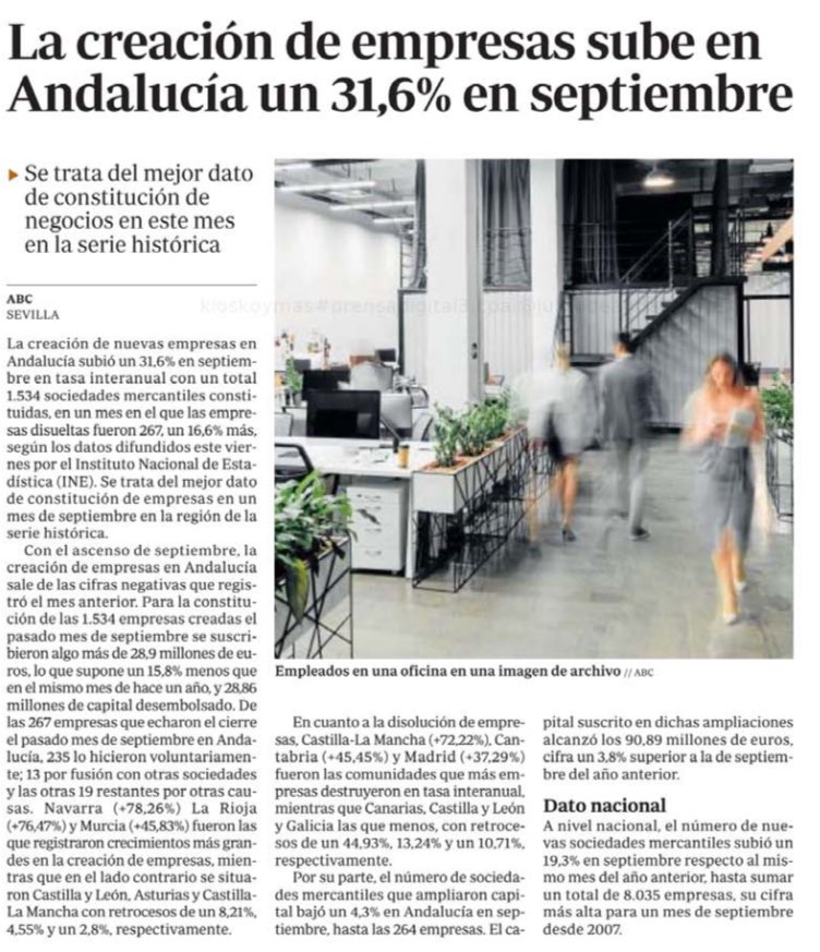 🔝 La creación de empresas sube en Andalucía un 31,6% en septiembre, mejor dato de la serie histórica. 

Muy por encima de la media de España que se quedó en un 19,3%.