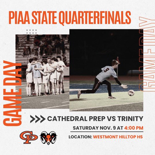 GAMEDAY!! PIAA State Soccer Quarterfinals today at 4pm vs Trinity. Let’s do this Ramblers!!! 🧡🖤⚽️ <a href="/CPRamblers/">Cathedral Prep</a>  <a href="/CPRallyClub/">CP Rally Club</a>