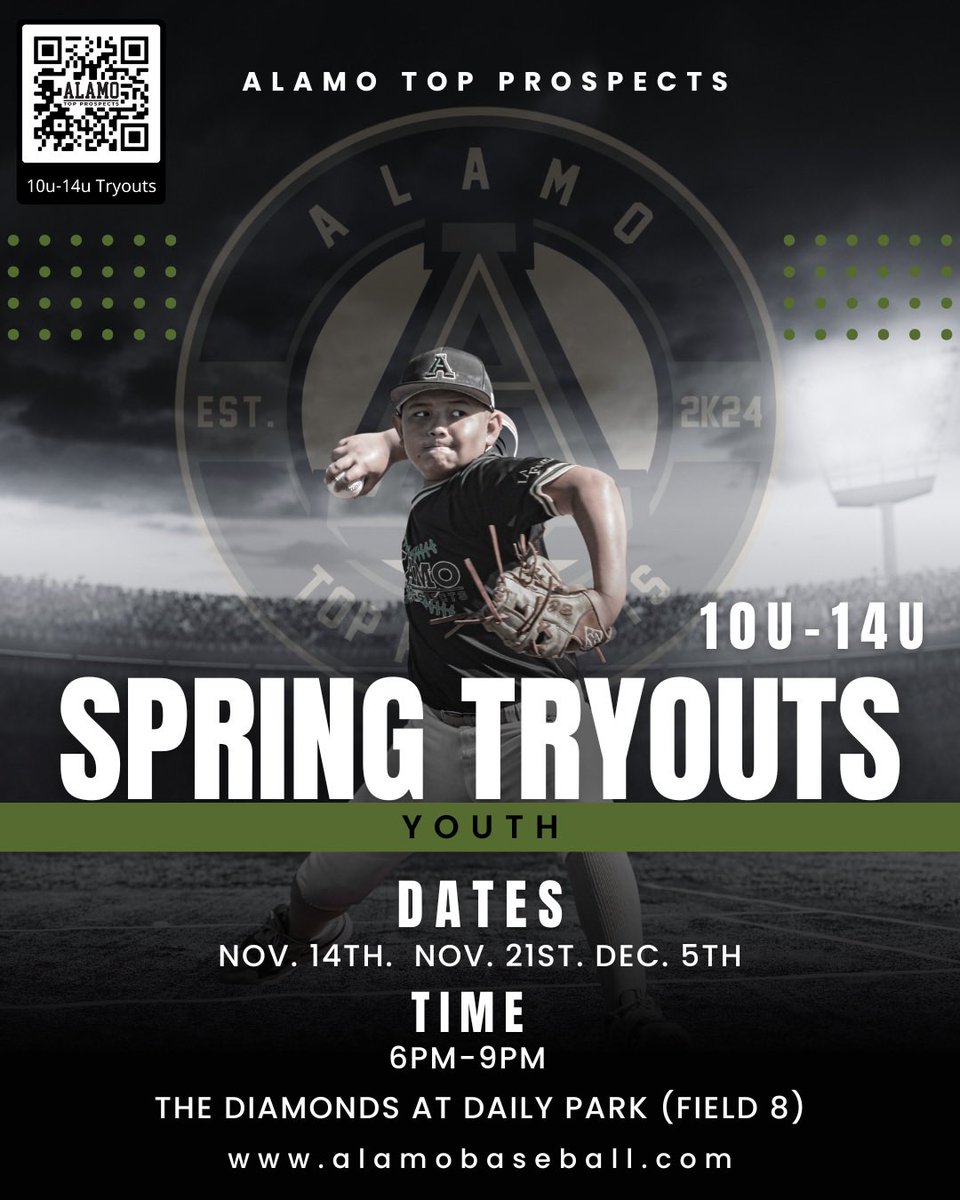 🚨 Alamo Top Prospects Tryouts 🚨

Ready to elevate your game? We're evaluating players for select teams and the ATP National Team! Athletes 10U–HS, don’t miss this chance!
Sign up:
•High School
•Youth
Links below 👇 
#ATPNational