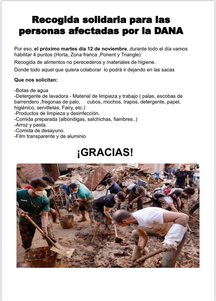Recogida solidaria para los afectados de la Dana de Valencia. Os esperamos a todos. <a href="/laiabonetrull/">Laia Bonet</a> <a href="/jaumecollboni/">Jaume Collboni</a>
