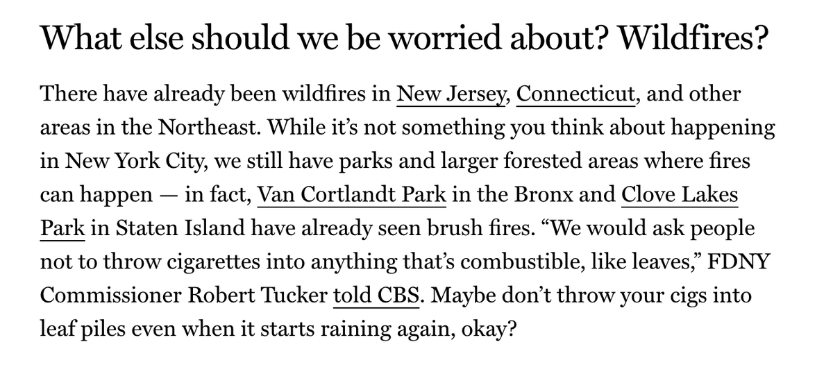 NYC's own wildfire risk is high today - and our air quality - not so great with all the fires in Jersey and even Prospect Park. curbed.com/article/new-yo…