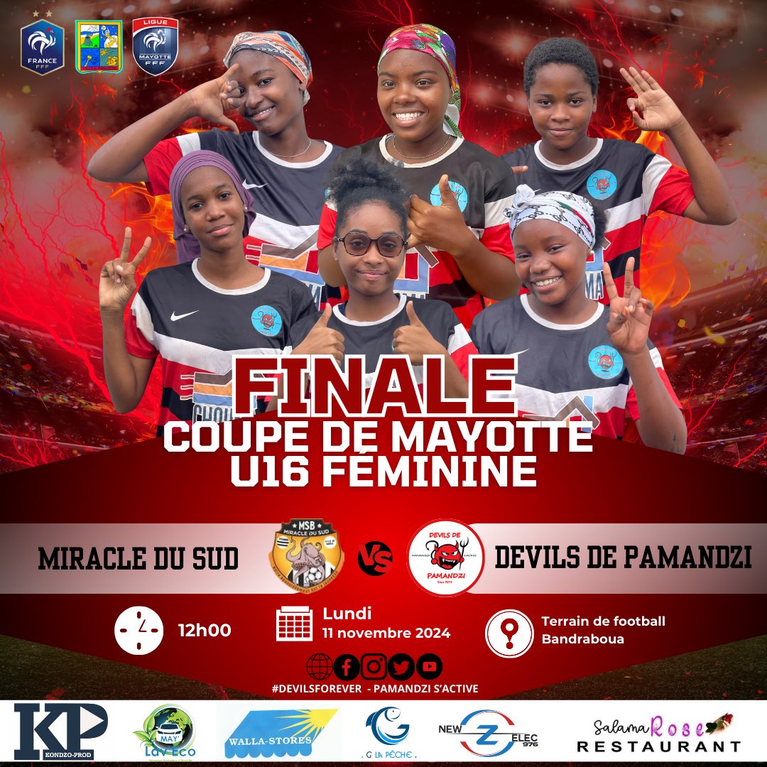 DevilsOfficiel's tweet photo. J-2 : Finale coupe de Mayotte U16 féminine. Rdv le 11 novembre 2024 à 12h au terrain de football de Bandraboua.
.
.
#DEVILSFOREVER
#ECOLEFEMININEFOOTBALL
#PAMANDZISACTIVE https://t.co/pYDIB967Ae