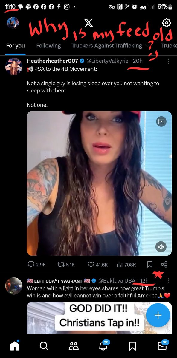 TiNaDoE25's tweet photo. Sorry for having your post in my screenshot @LibertyValkyrie & 10 @Baklava_USA but why is my feed so old @Support @X @elonmusk It's like 10+ hours old. 🤔 Sincerely a #PaidSubscriber https://t.co/ODssAAS3Xn