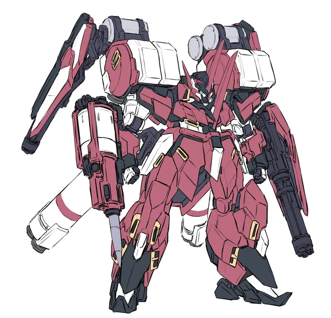 アルトアイゼン・ヘルクレス武装:ツインプラズマホーン、ガトリングシールド、リボルビングパニッシャー、バスタードクレイモア先日のネタ募集でアルトアイゼンとのネタを頂いたため描いてみました。リーゼの発展形となる準特機級の大型PTというコンセプトです。 