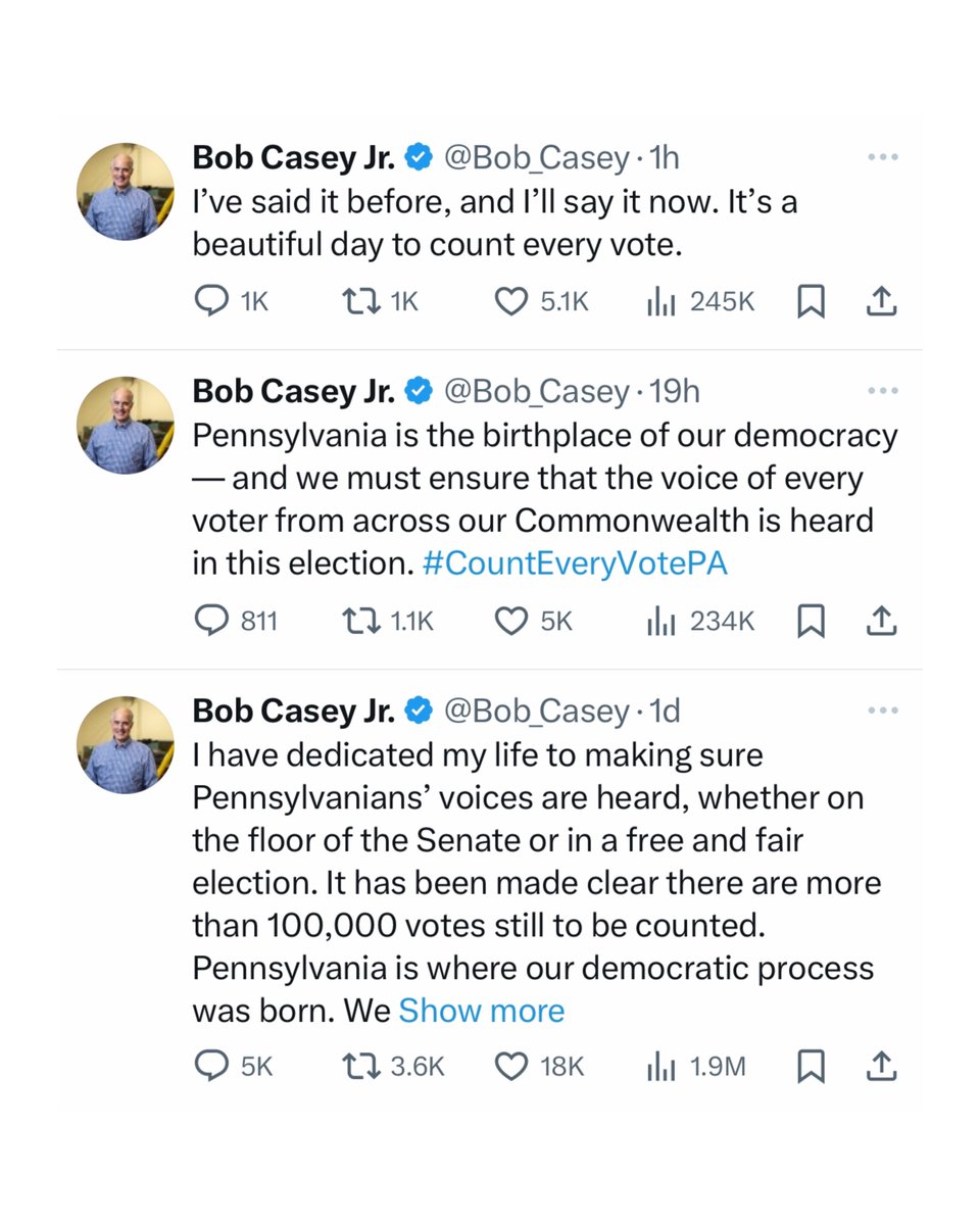 Democrats complained their biggest fear would be Trump refusing to concede the 2024 Election 

He won in a landslide.

The Pennsylvania Senate race has also been called, but Bob Casey still refuses to concede.

Where is the Democrat Party calling him a ‘threat to Democracy’?