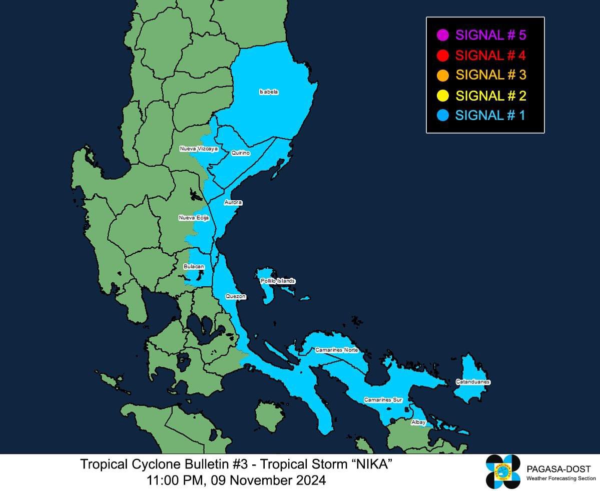 philredcross's tweet photo. #PRCUpdate | According to @dost_pagasa  11:00 PM weather bulletin on Saturday, #NikaPH further intensifies as it moves westward over the Philippine Sea east of Bicol region.

Tropical Cyclone Wind Signal #1 were hoisted in the following areas:

#PRCCares #AlwaysFirstAlwaysReadyAlwaysThere