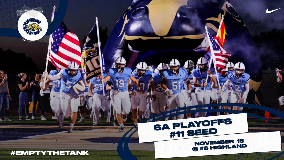 6A Playoffs - Round 1
#11 Casteel at #6 Highland
Friday, November 15
7 p.m.
<a href="/CoachNewcombe/">Bobby Newcombe</a> <a href="/CasteelAthletic/">Casteel Athletics</a> <a href="/casteeltdclub/">Casteel TD Club</a> <a href="/CUSDAthletics/">CUSDAthletics</a> <a href="/AriannaGrainey/">Arianna Grainey</a>