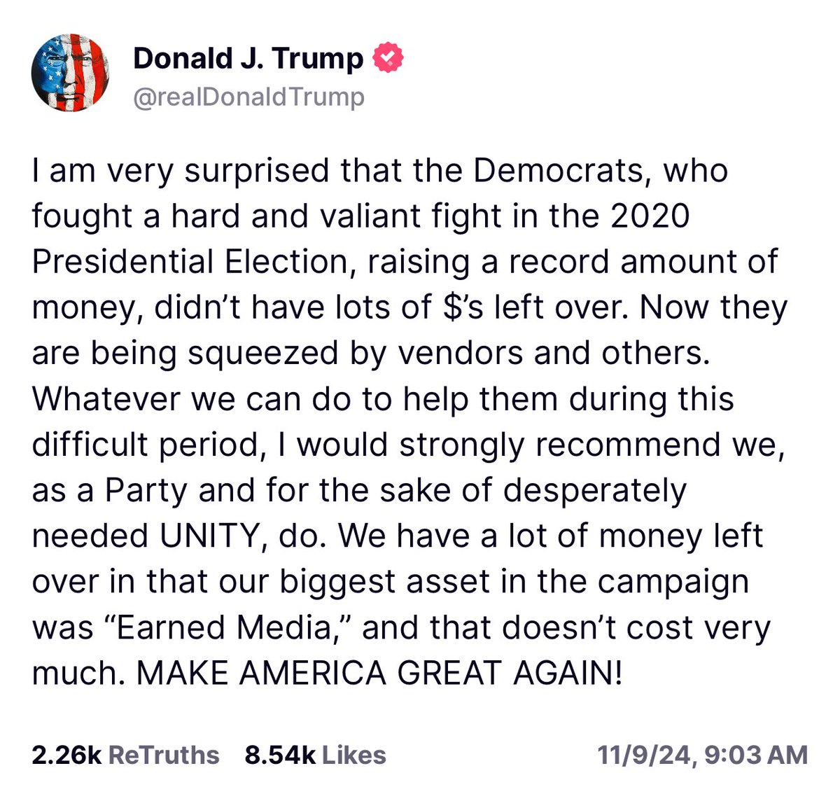 President Trump floats the idea of GOP donor money going toward paying off Kamala Harris’s $20 million campaign debt.

Donald Trump is too nice. 

These people tried to murder him and he is still reaching out an olive branch. 

We don’t deserve him.