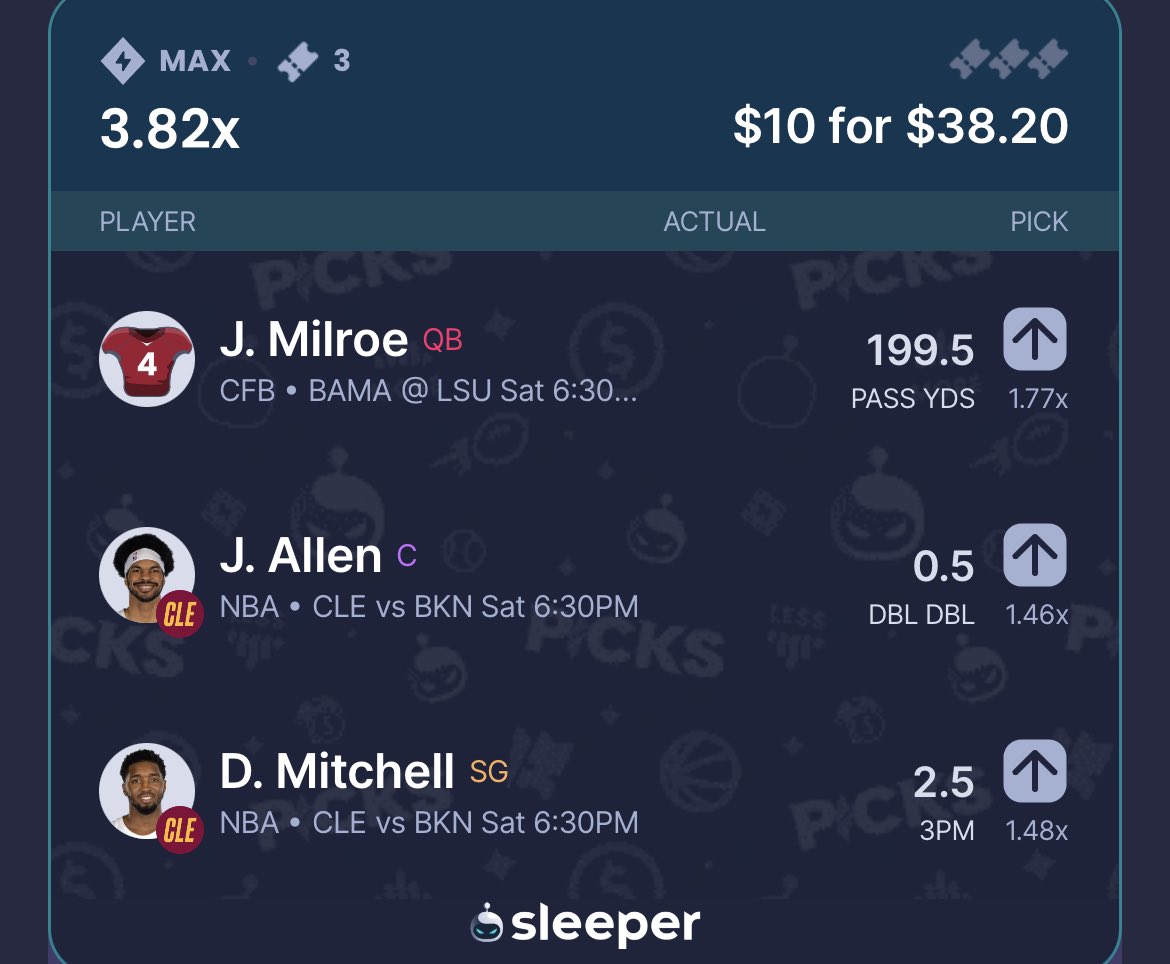 trevgotapick's tweet photo. $30 to a ❤️🔄 if we sweep
#NBA X #CFB Sleeper Discounts
- Dmitch 4+ L 3/3 H2H, Jarrett 15 n 15 vs the best big matchup in the NBA rn, Edey even had a 20 pt DD vs them
- Trae & Vuc have had 10+ ast or reb L 3/3 H2H just need 10 points
#SleeperPicks #sleeperboost #PlayerProps https://t.co/u3N0xtZUZp