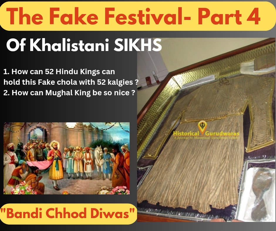 Bo4orZ's tweet photo. #FakeFestival of #Khalistani #Sikhs #Bandichhordivas #SikhHijackDiwali
1. This Fake chola is not 400 years old as per carbon dating.
2. How can 52 #Hindu #Rajput Kings can hold this Fake chola.
3. How can Mughal King was so nice to release them ?
4. Is it a some film story ? https://t.co/uybyMk5qPK