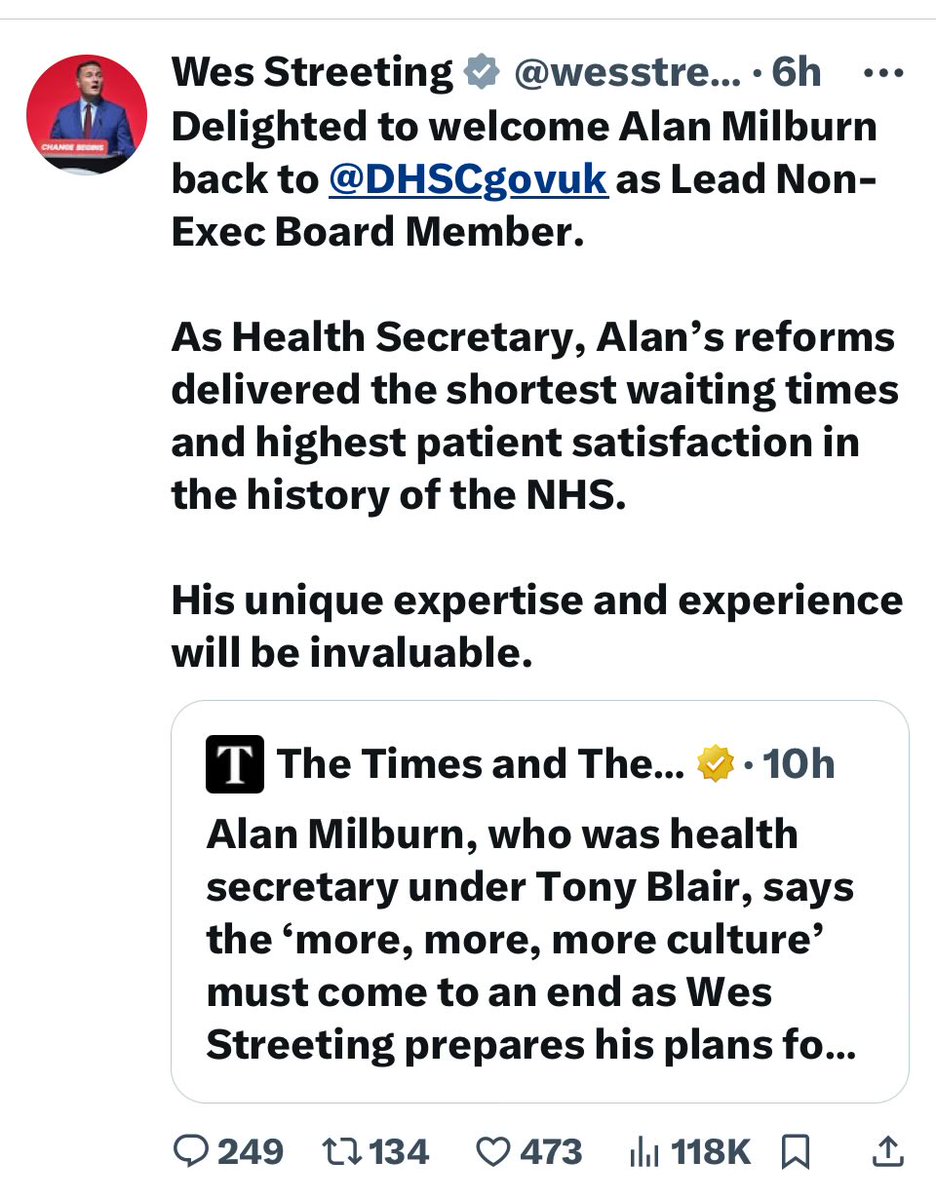 Let’s do a thread 🧵 on this. 

Here’s Wes Streeting welcoming back with glee someone who is strongly associated with outsourcing and privatisation of the NHS. 

Milburn works with private equity and hedge funds to support private healthcare providers.  1/x