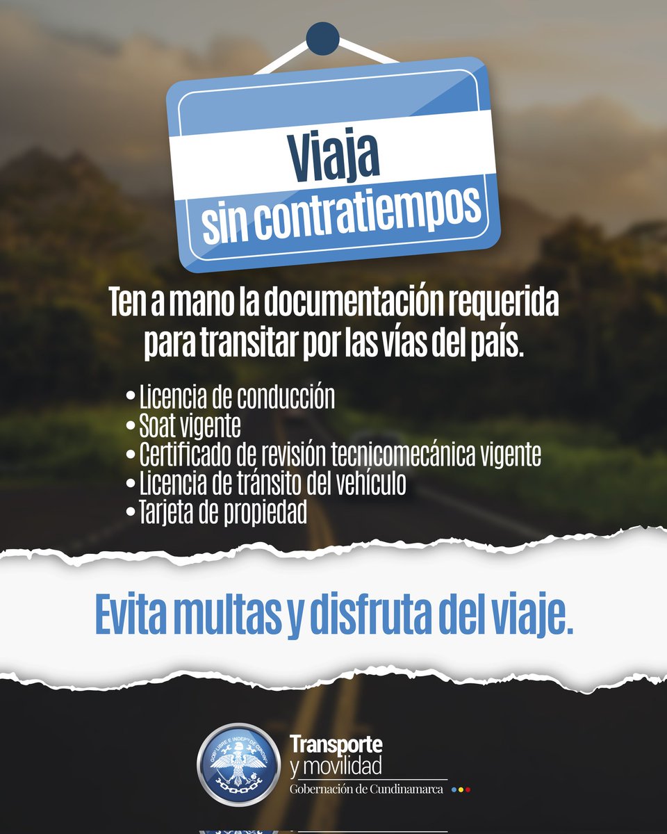 MovilidadCundi's tweet image. #TipsDeViajes 💡 | En este #PuenteFestivo, te recomendamos tener a la mano toda tu documentación de tránsito:

✅ Licencia de conducción
✅ SOAT vigente
✅ Certificado de revisión tecnicomecánica
✅ Licencia de tránsito del vehículo
✅ Tarjeta de propiedad del vehículo

¡La clave