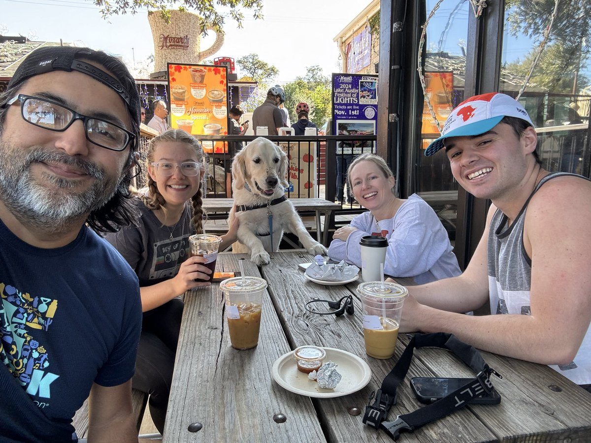 PepeTheProducer's tweet photo. Post-4 mile/walk coffee and smiles with the crew and our furry friend!
Fozzy is the MVP of the group.
Keep moving, because the treats are always better together!
@KXAN_News @KXAN_Weather Run Walk club @tommyhousewx
Community keeps the heart beating
#runaustin #community https://t.co/qvP7qRkIdl